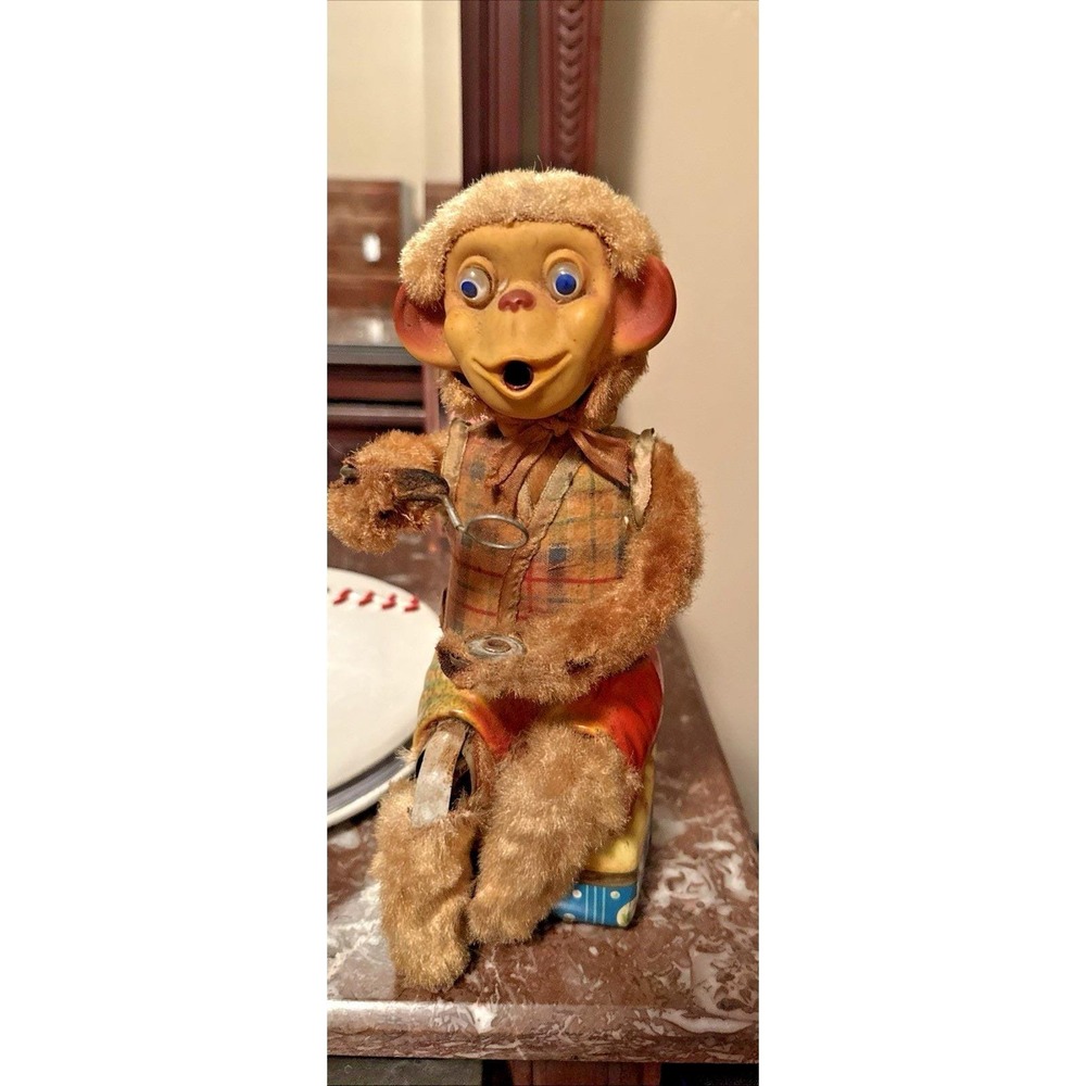 1950's BATTERY OPERATED BUBBLE BLOWING MONKEY VINTAGE TIN LITHO TOY ALPS